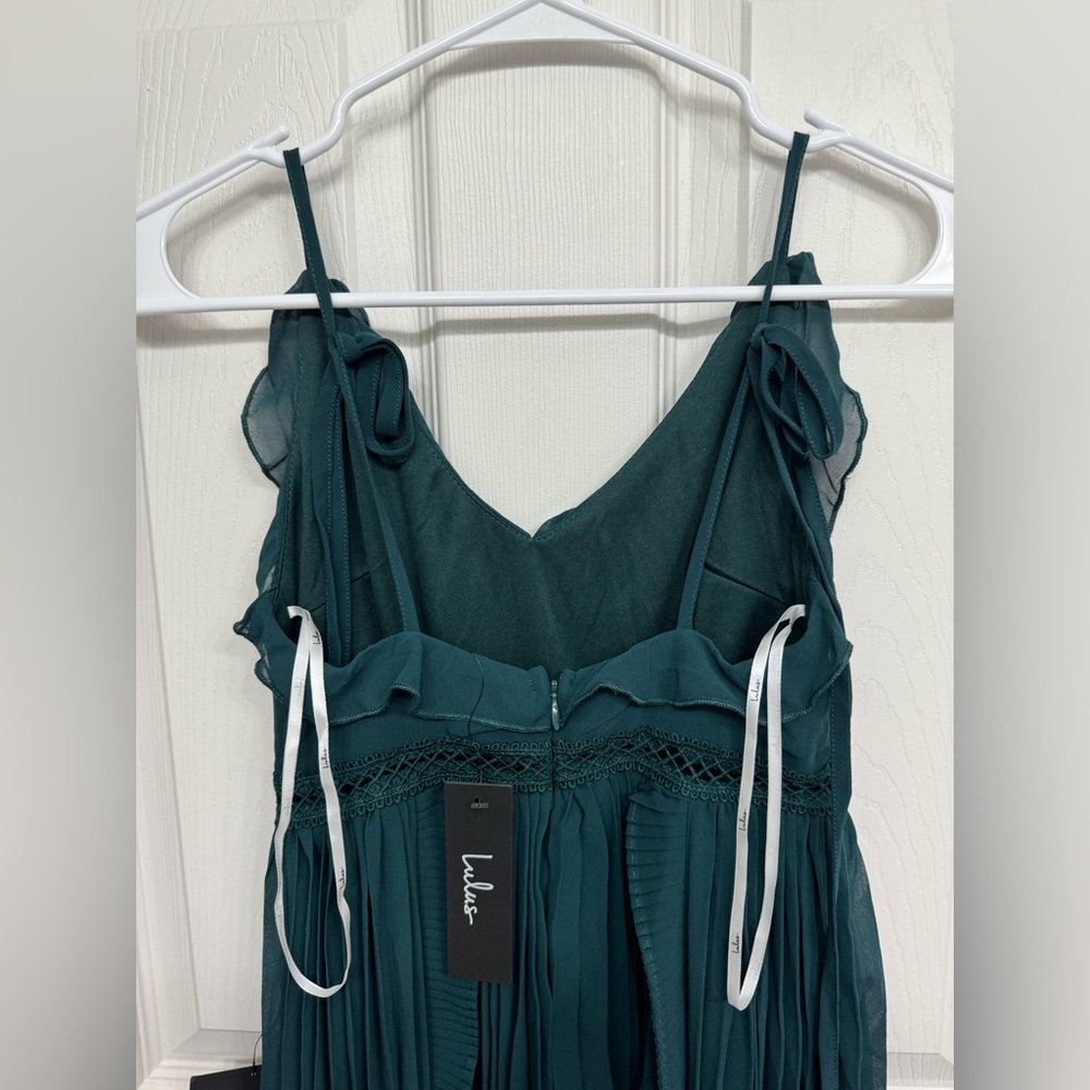 Lulus Never a Dull Moment Emerald Green Tie-Strap Pleated Midi Dress XXS - Picture 8 of 11